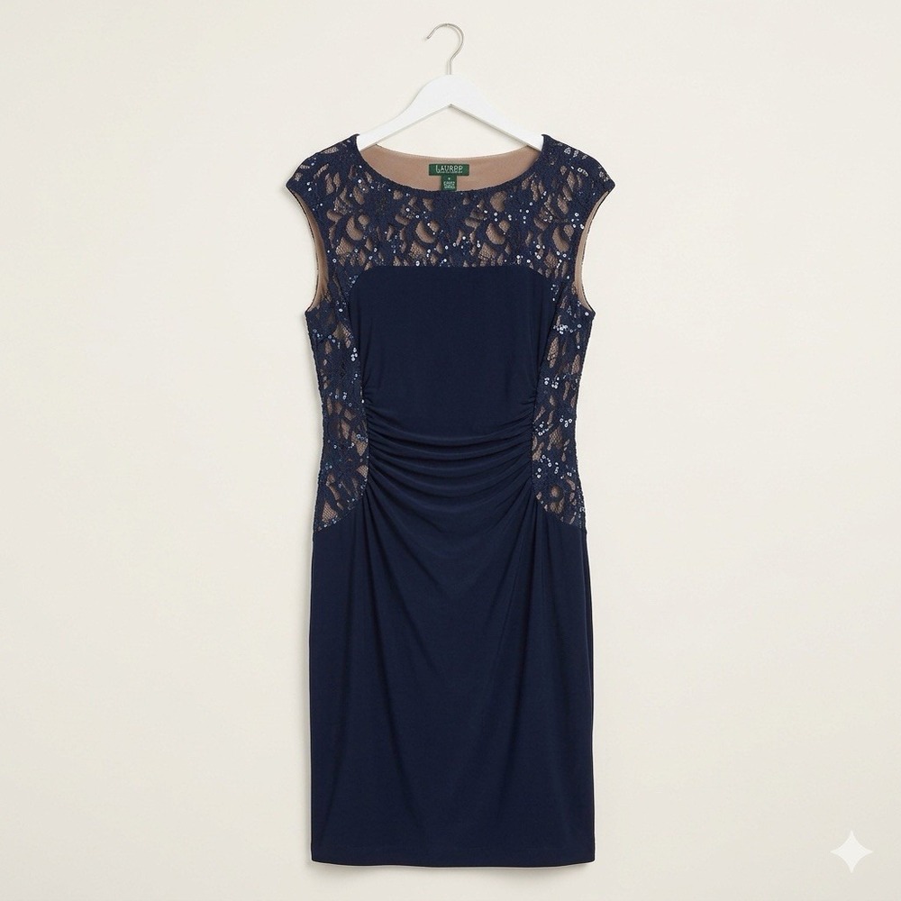 Lauren Ralph Lauren Navy stretch lace‎ sequin sheath dress Slimming ruched Sz 10